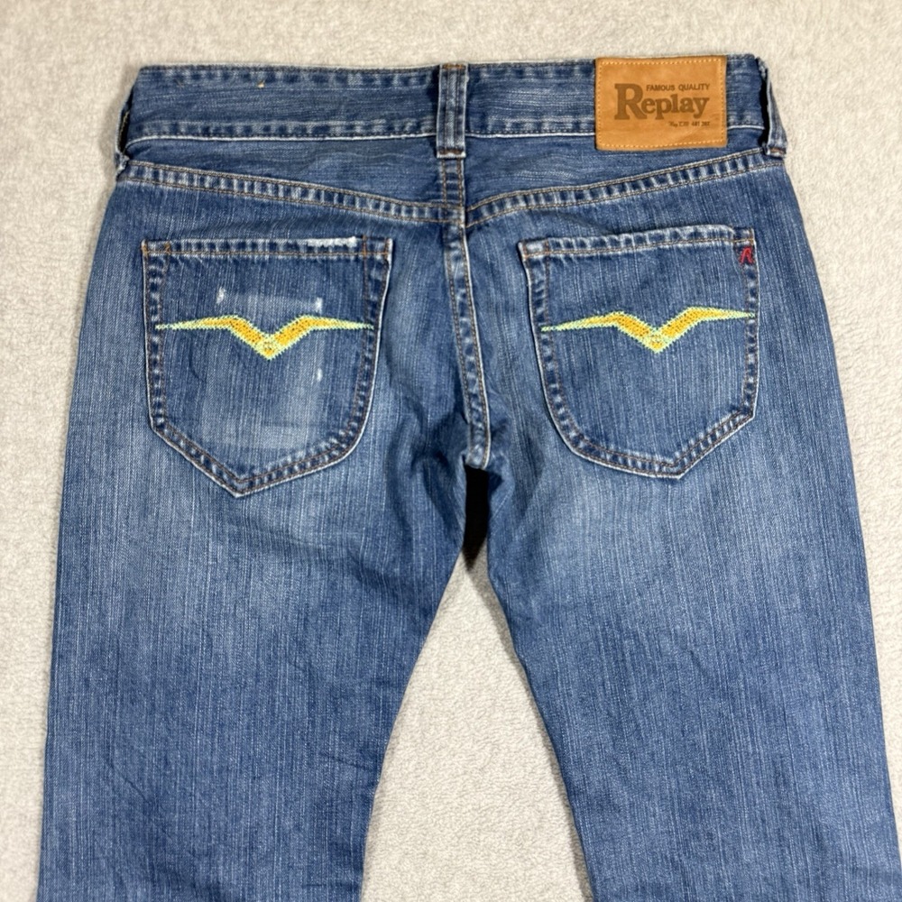 Replay BOOTCUT Jeans Womens 30x34 Blue Low Rise Embroidered Y2K Faded Whiskered